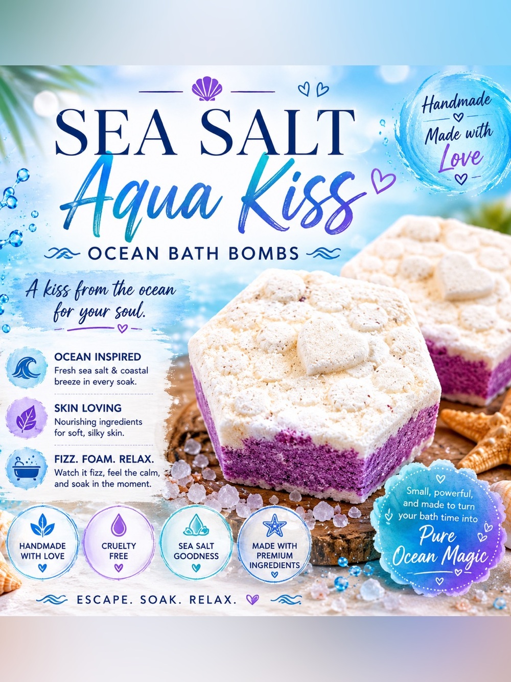 Handcrafted Aqua Kiss Ocean Bath Bombs
